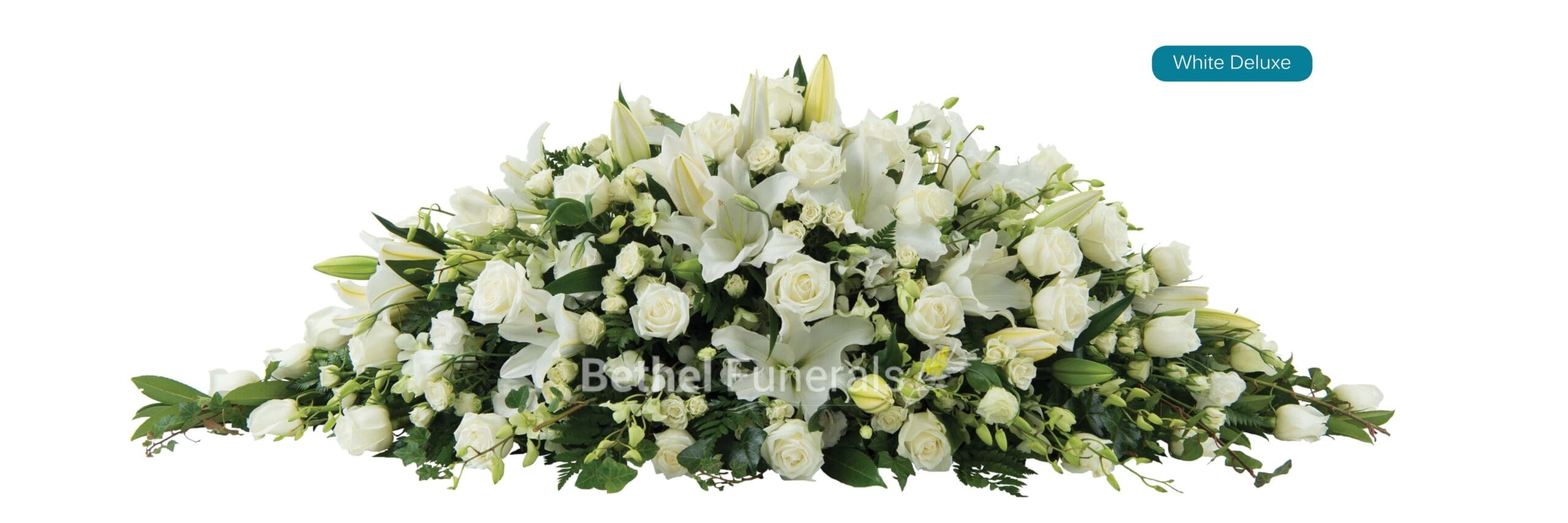 White Deluxe funeral Flower arrangement on coffin